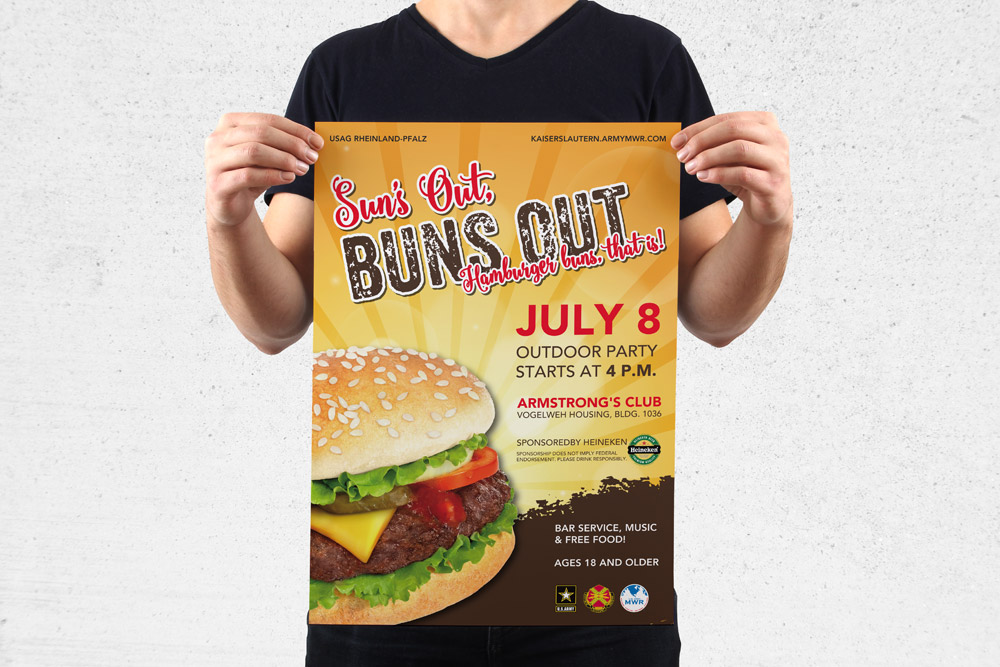 MWR Kaiserslautern nutzt viele Werbematerialien um für seine Events zu werben. Für das "Sun's Out, Buns Out" Event haben wir dieses Poster gestaltet.