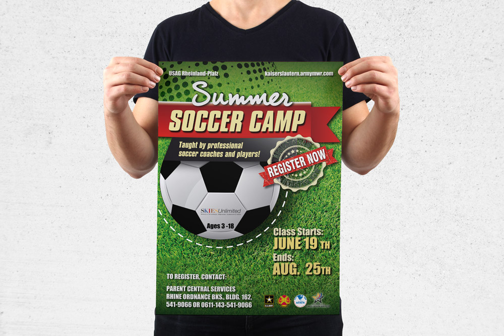 MWR Kaiserslautern nutzt viele Werbematerialien um für seine Events zu werben. Für das Summer Soccer Camp Event haben wir dieses Poster gestaltet.