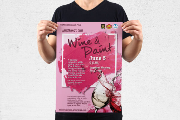 MWR Kaiserslautern nutzt viele Werbematerialien um für seine Events zu werben. Für das Wine & Paint Event haben wir dieses Poster gestaltet.